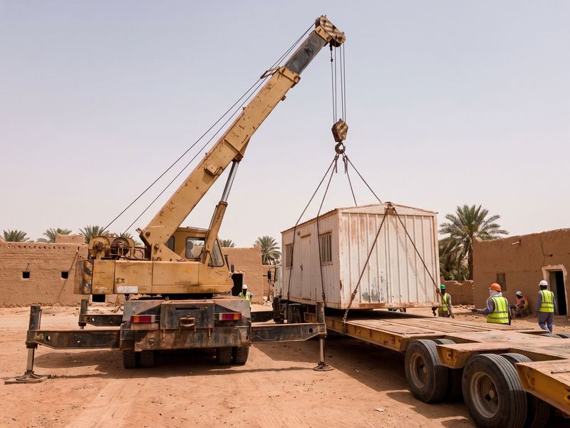 A crane loading a cabin onto a lowbed at a rest house