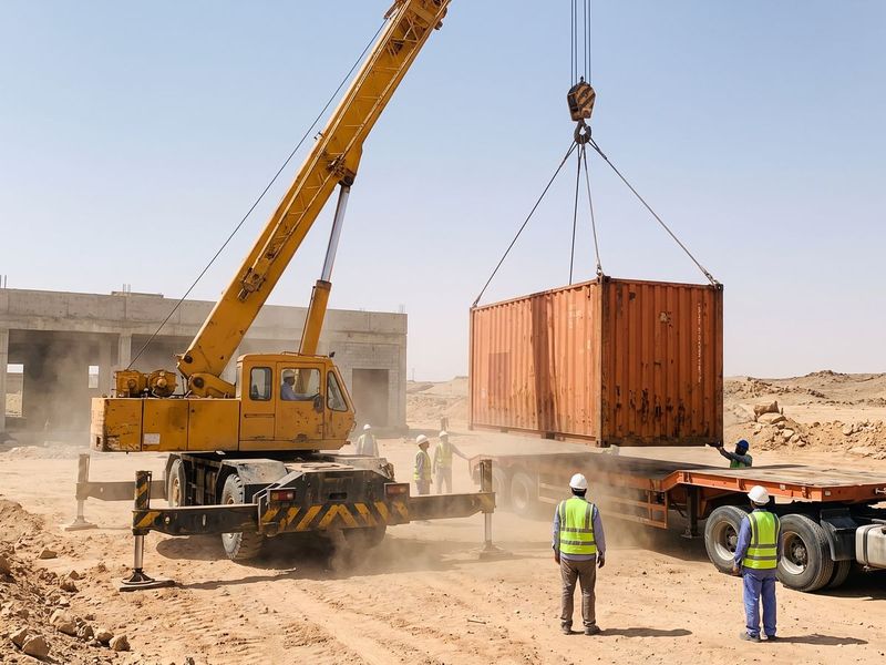 كرين ينزّل حاوية من لوبد في موقع بناء