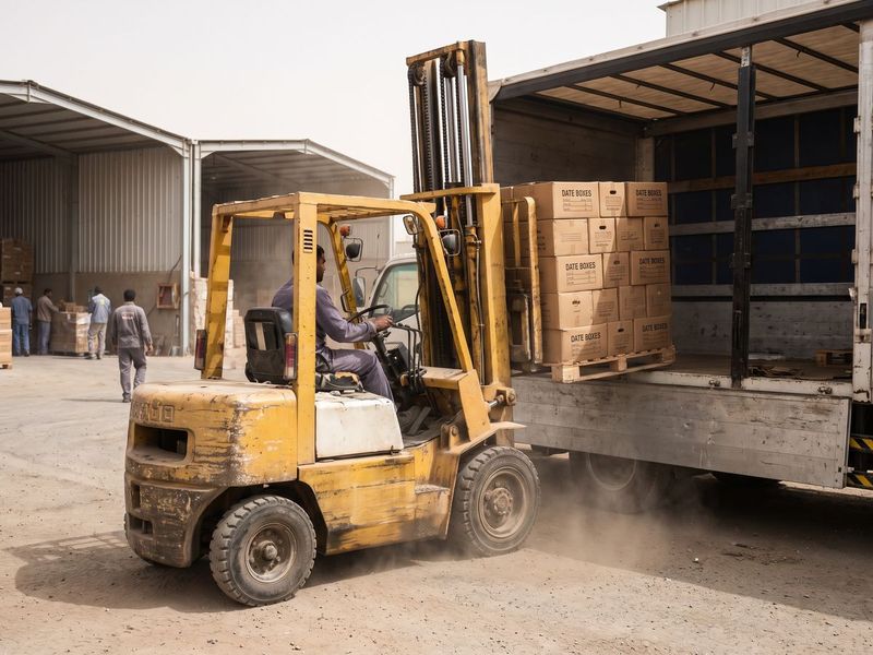 A forklift loading date boxes onto a truck at a warehouse
