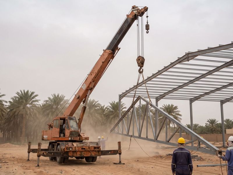 A crane lifting a steel truss for a farm hangar
