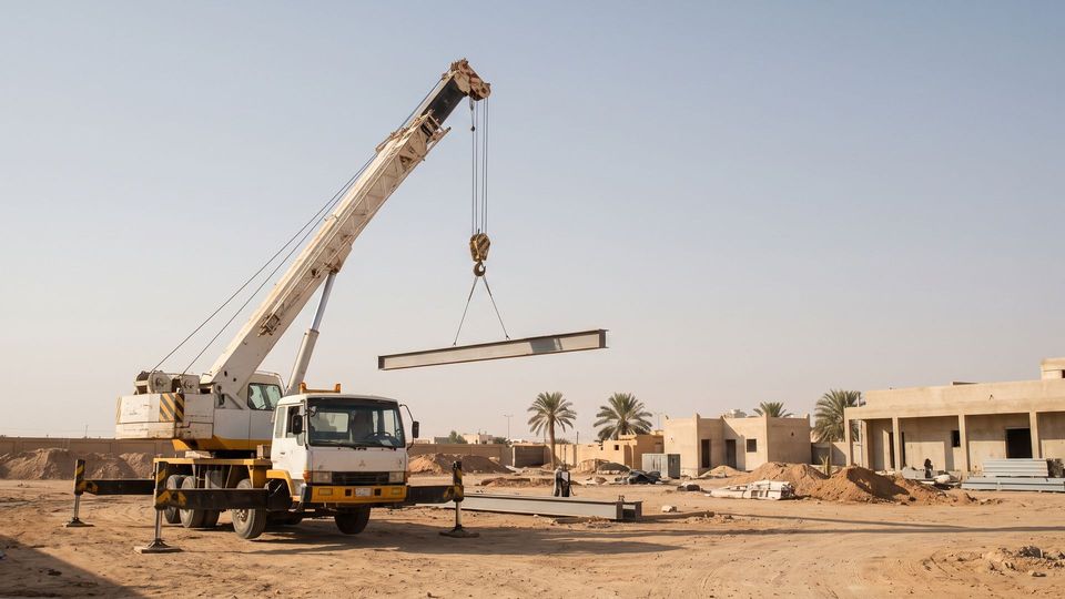 A mobile crane lifting a steel beam on a building site in Qassim