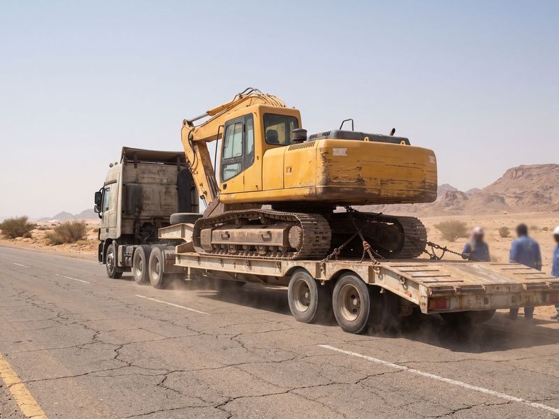 A lowbed trailer carrying an excavator on a Qassim road