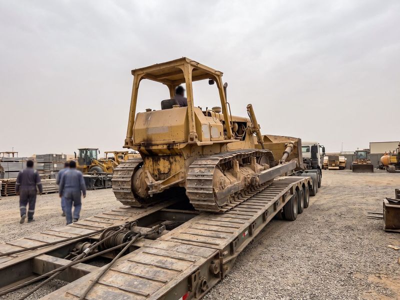 A bulldozer driving onto a lowbed trailer in the yard