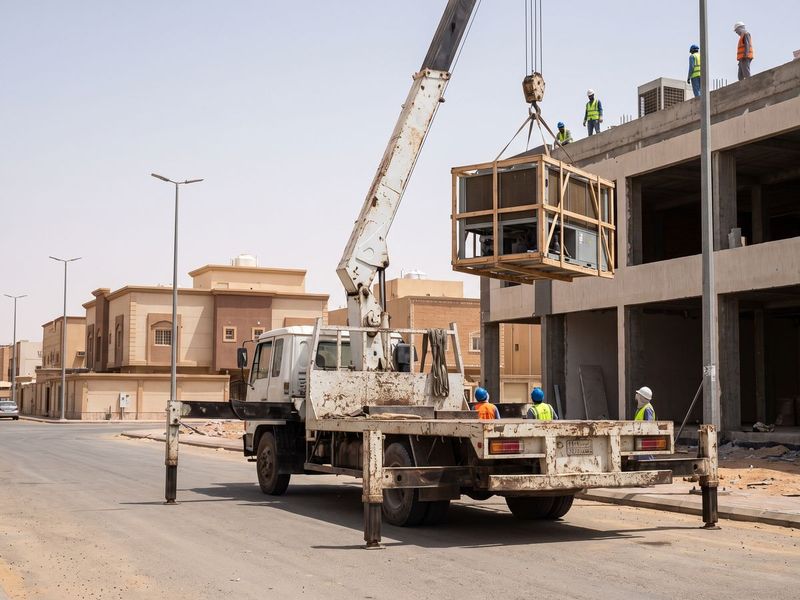 A crane lifting an AC unit onto a building roof in a residential area