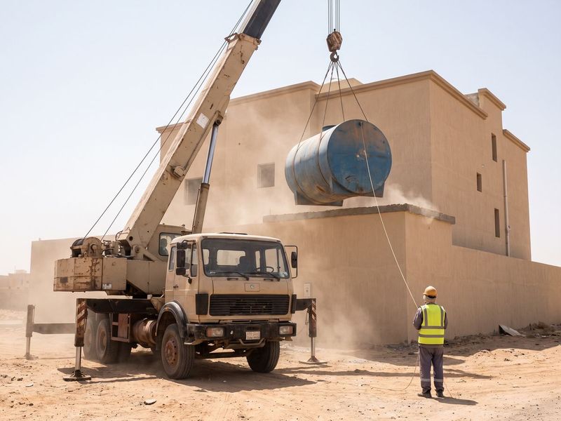 A crane lifting a water tank onto a villa roof